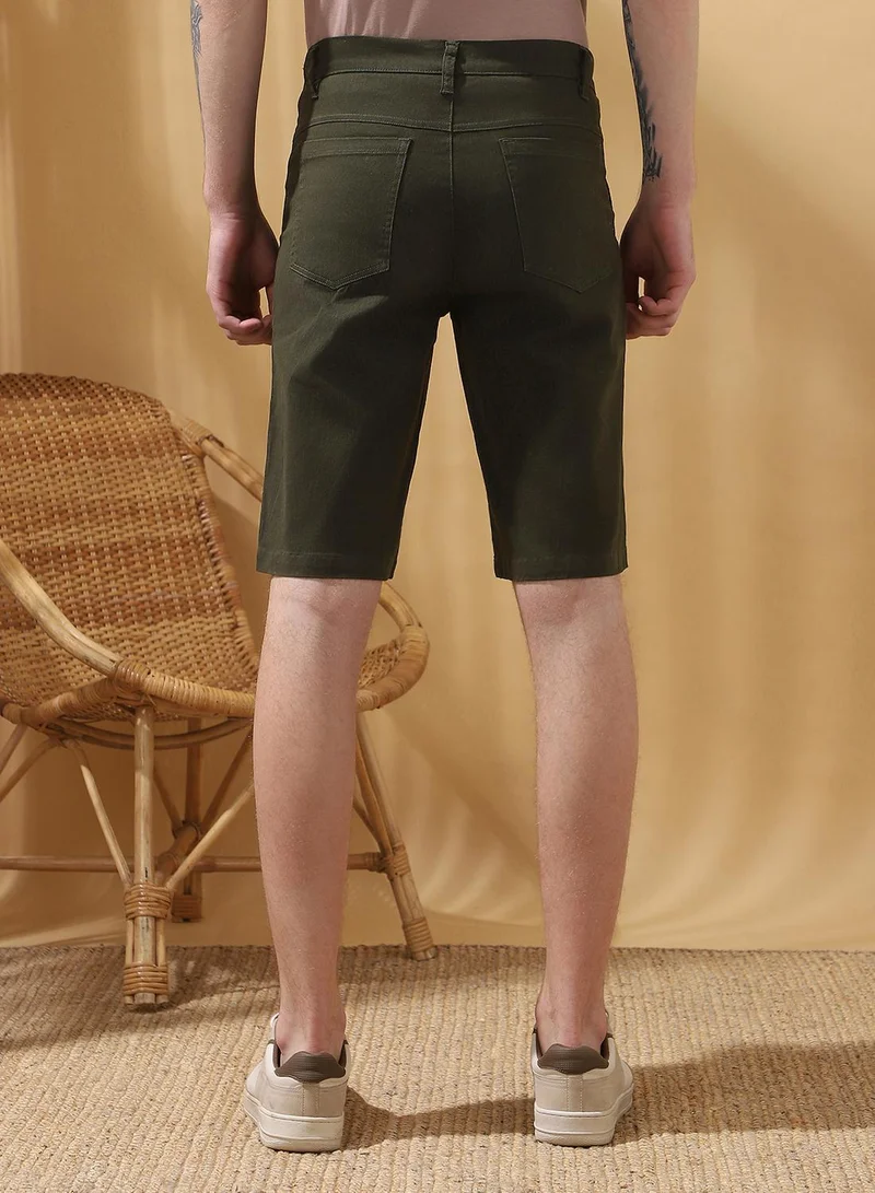 Dennis Lingo Olive Men's Olive 100% Cotton Solid Cropped Casual Regular Fit Shorts for Men | Best Price UAE