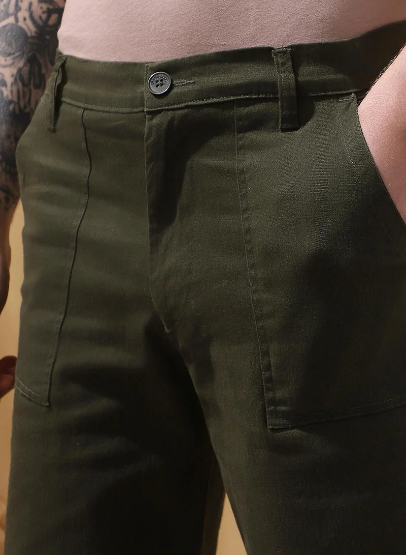 Dennis Lingo Olive Men's Olive 100% Cotton Solid Cropped Casual Regular Fit Shorts for Men | Best Price UAE