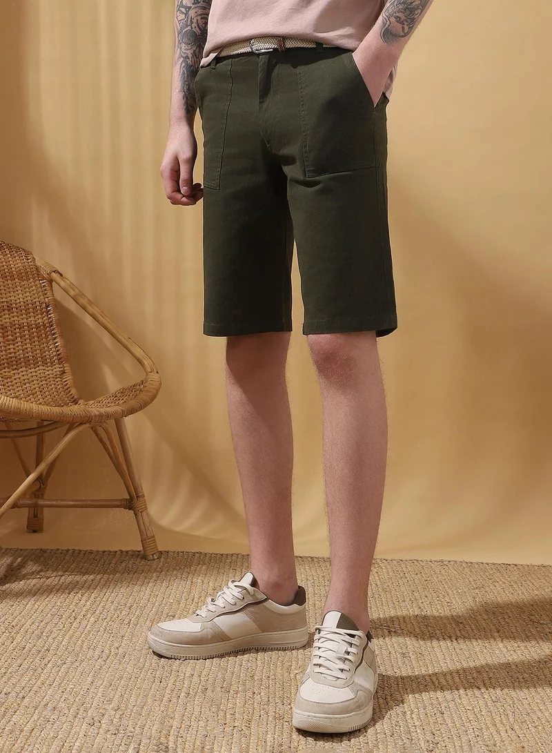Dennis Lingo Olive Men's Olive 100% Cotton Solid Cropped Casual Regular Fit Shorts for Men | Best Price UAE