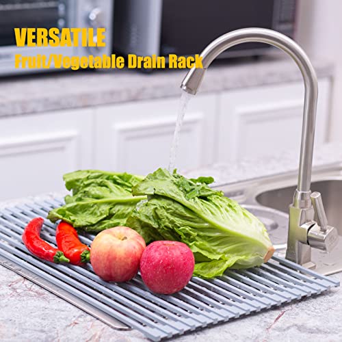 Mistifi Silicone-Coated Stainless Steel Over The Sink Multipurpose Roll-Up Dish Drying Rack, 20.8"X13.2", Heat Resistant Non Slip Dish Draining Rack BPA Free Dishwasher Safe (L, Gray) - Image 2