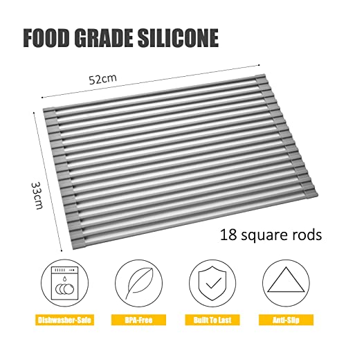 Mistifi Silicone-Coated Stainless Steel Over The Sink Multipurpose Roll-Up Dish Drying Rack, 20.8"X13.2", Heat Resistant Non Slip Dish Draining Rack BPA Free Dishwasher Safe (L, Gray) - Image 5