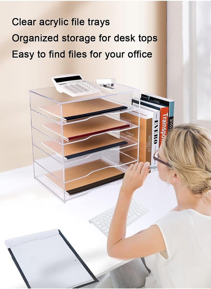 Paper File Storage Tray for Office Organization, 5-Tier Clear Acrylic Desk Organizer, Suitable for Files Up to 9.5 x 13.5 Inches, Enlarged Size Letter Tray
