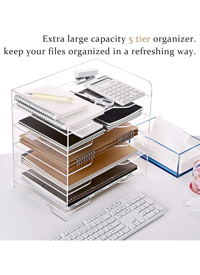 Paper File Storage Tray for Office Organization, 5-Tier Clear Acrylic Desk Organizer, Suitable for Files Up to 9.5 x 13.5 Inches, Enlarged Size Letter Tray