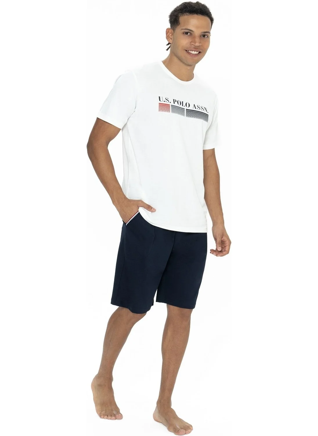 U.S. Polo Assn. 18871 Men's Short Sleeve Crew Neck Pajama Set with Shorts-Ecru