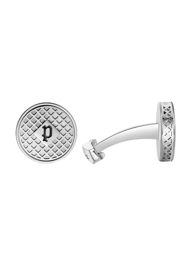 بوليس Police Net Full Stainless Steel Gents Cufflinks With Black P Logo - PEAGC0022904