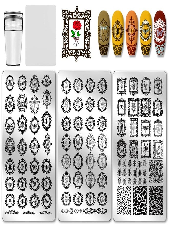 PH PandaHall 3pcs Vintage Flower Frame Nail Stamp Plate Insect Pattern Print Art Template Stainless Steel Nail Image Plate Flower Print Art Template for Women DIY Printing Decor, 4.7x2.3 inch - Image 1