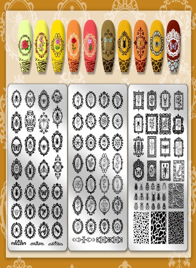 PH PandaHall 3pcs Vintage Flower Frame Nail Stamp Plate Insect Pattern Print Art Template Stainless Steel Nail Image Plate Flower Print Art Template for Women DIY Printing Decor, 4.7x2.3 inch - Image 3