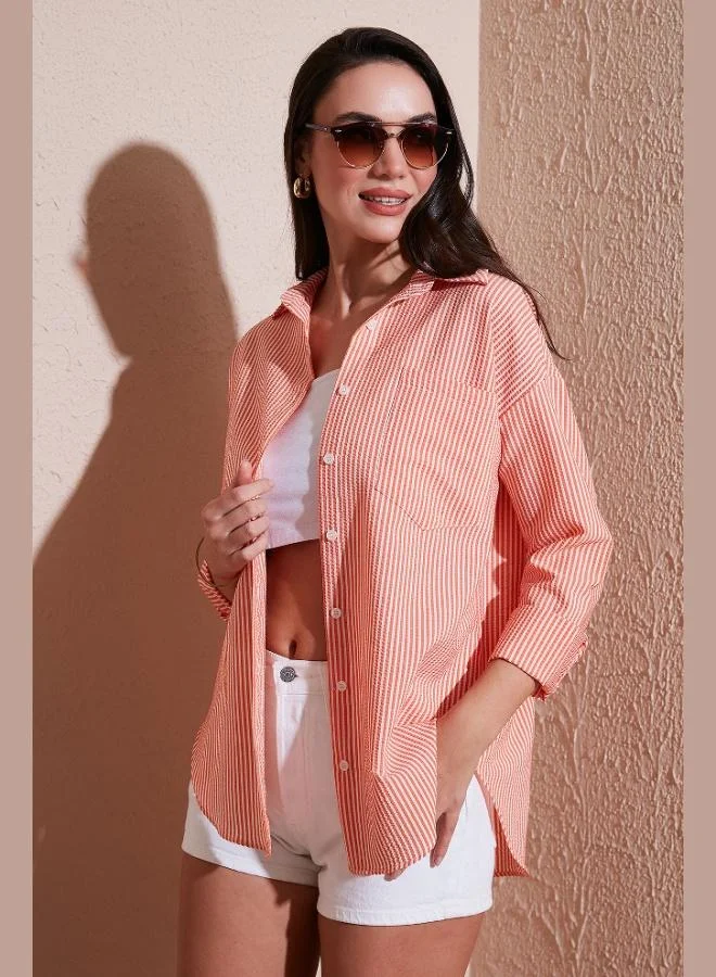 ليلا قميص نسائي مخطط بأكمام طويلة بقصة عادية وجيب