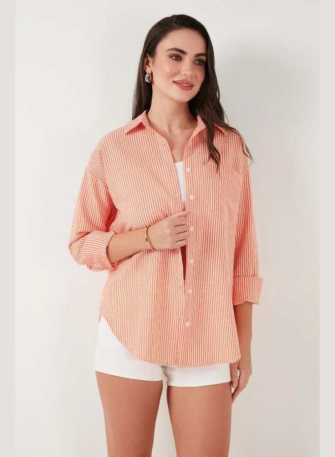 ليلا قميص نسائي مخطط بأكمام طويلة بقصة عادية وجيب