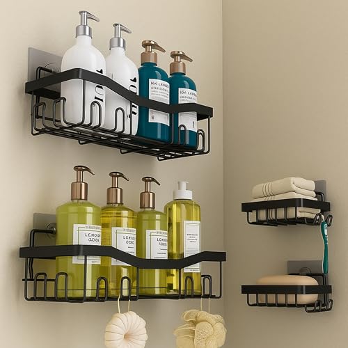 Boniry 4 in 1 Bathroom Organiser Without Drill | Rustproof Bathroom Shelves with Soap Holder | No-Drill Adhesive Bathroom Rack Set for Bathroom, Kitchen (Matte Black) - Image 1