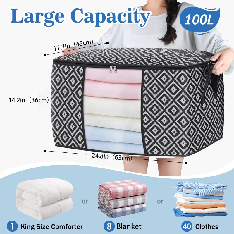 StorageTastic Direct 100L, 3 Pack, Storage Containers, Large Clothes Storage Bins Foldable Organization and Storage Bags with Reinforced Handle, Clear Window for Bedding, Blankets, Clothing, Black - Image 2