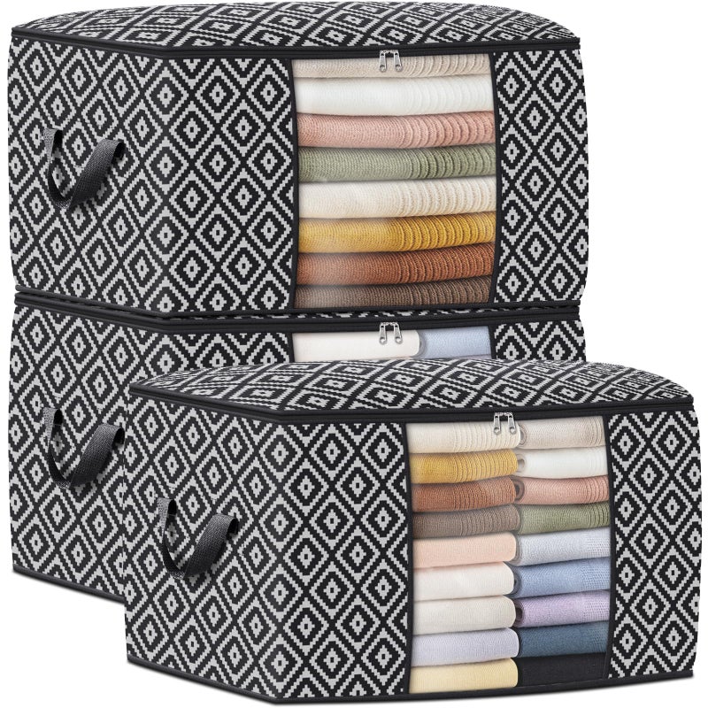 StorageTastic Direct 100L, 3 Pack, Storage Containers, Large Clothes Storage Bins Foldable Organization and Storage Bags with Reinforced Handle, Clear Window for Bedding, Blankets, Clothing, Black - Image 1