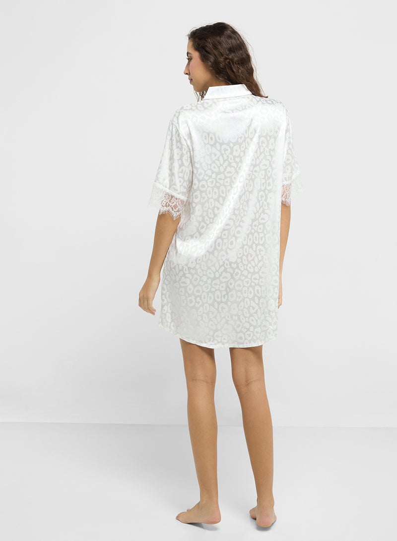 Ginger Satin Leopard Print Sleep Shirt With Lace Detailing  - Image 2