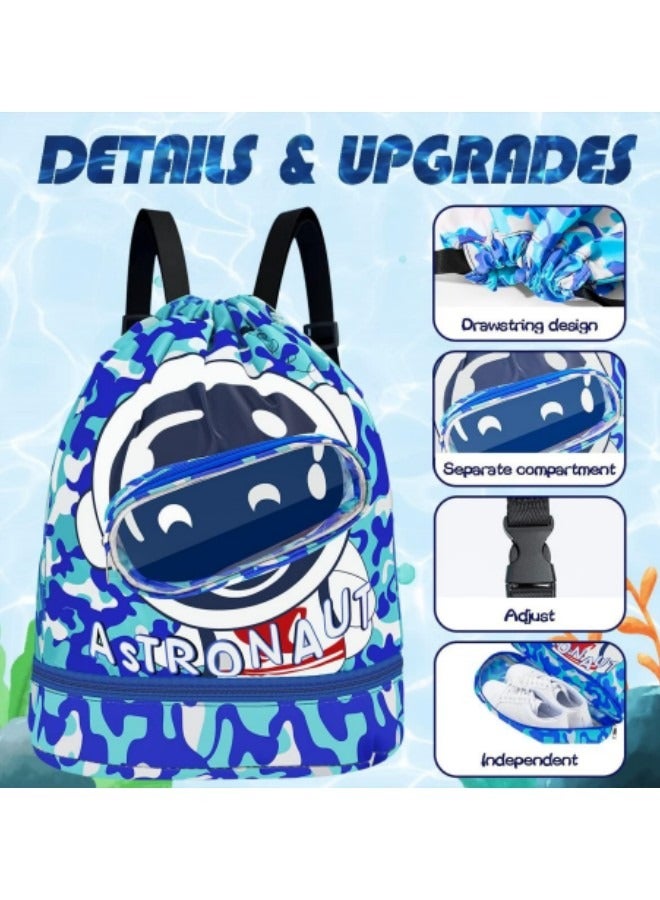 GGEROU حقيبة ظهر للسباحة للأطفال، حقيبة تخزين مقاومة للماء والفصل بين الجاف والرطب، حقيبة ظهر محمولة برباط، زرقاء - Image 2