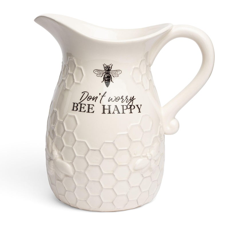 Youngs Inc Ceramic Water Pitcher Large Serving Pitcher for Iced Tea Coffee and Cold Drinks Ideal for Family Gatherings Dinner Parties and Brunches 9 x 9 x 10 Dont Worry Bee Happy