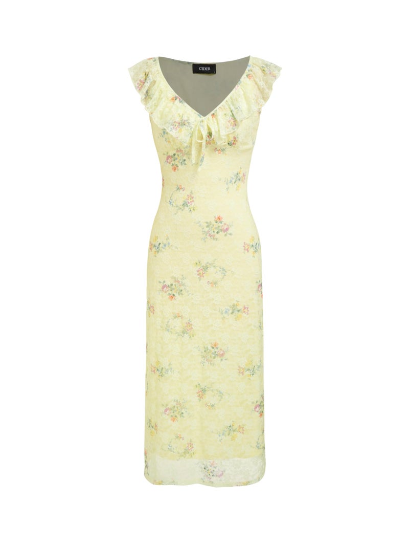 CIDER Women's Summer Floral Wedding Guest Dress Formal Ruffle Cocktail Dresses Cute V Neck Maxi Dress Elegant Outfits: Yellow, L - Image 1