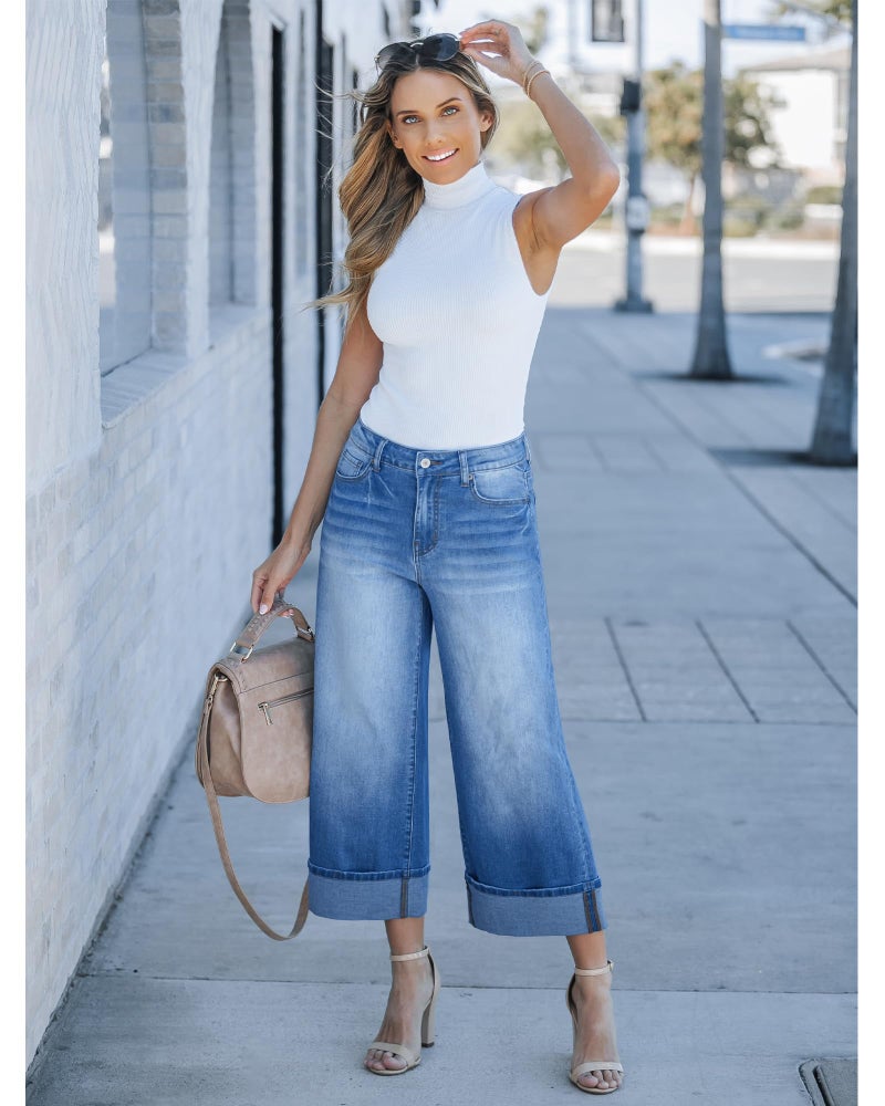 GRAPENT Pants for Women Wide Leg Pants Woman Cropped Wide Leg Jeans for Women Womens Wide Leg Pants Wide Leg Jeans for Women High Waist Pantalones Ladies Capris Color Medium Blue Large Size 12 Size 14 - Image 5