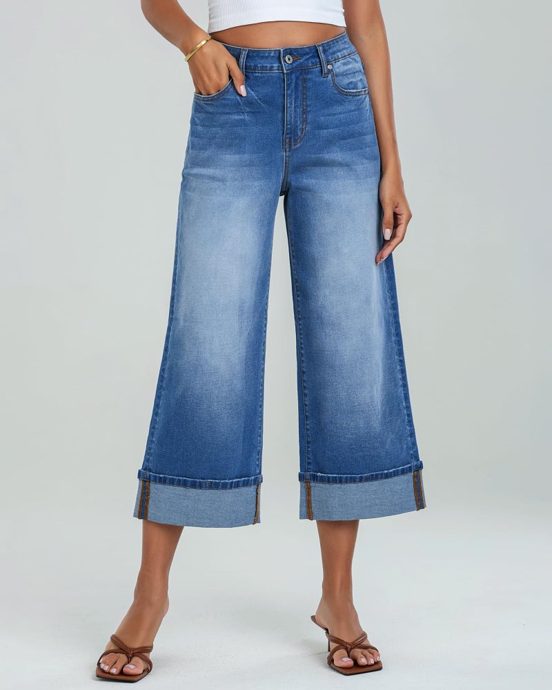 GRAPENT Pants for Women Wide Leg Pants Woman Cropped Wide Leg Jeans for Women Womens Wide Leg Pants Wide Leg Jeans for Women High Waist Pantalones Ladies Capris Color Medium Blue Large Size 12 Size 14 - Image 2