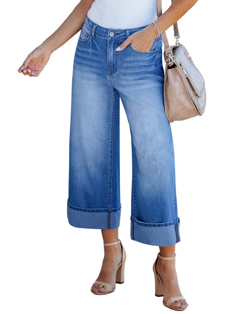 GRAPENT Pants for Women Wide Leg Pants Woman Cropped Wide Leg Jeans for Women Womens Wide Leg Pants Wide Leg Jeans for Women High Waist Pantalones Ladies Capris Color Medium Blue Large Size 12 Size 14 - Image 1