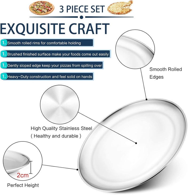 No brands 12 Inch Pizza Baking Tray Set of 3, Homikit Round Pizza Baking Sheet Stainless Steel Pizza Oven Tray, Baking Roasting Serving Pizza Pan Bakeware, Healthy & Durable, Matt Finished & Dishwasher Safe - Image 3