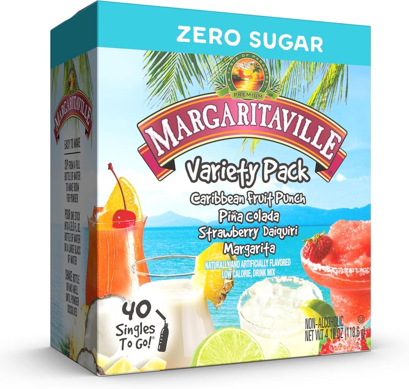 SINGLES TO GO! Margaritaville Singles to Go Water Drink Mix Variety Pack - 40 Single Servings with Caribbean Fruit Punch, Pina Colada, Strawberry Daiquiri, and Margarita Flavors - Image 1