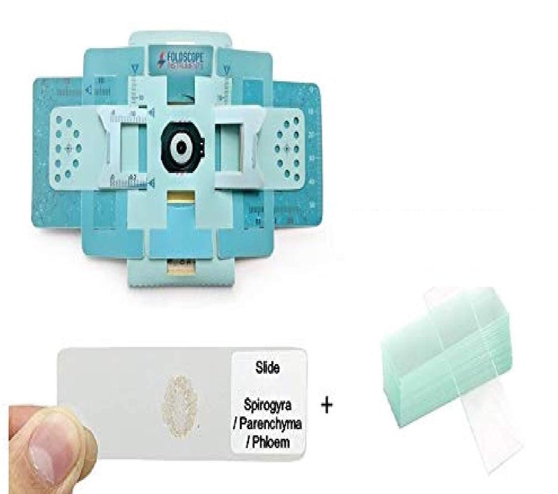 Vital's Foldscope Classroom Kit (Paper DIY Microscope) + one Prepared Slide for Ready Viewing + 2 Pieces of Plain Glass Slide (Blue) - Image 1
