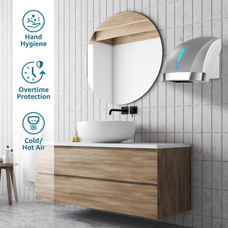 modunful Hand Dryers for Bathrooms Commercial, Electric Hand Dryer Touchless, Extra Quiet Low Noise(40db), Wall Mounted Type(1600W) (Silver) - Image 3