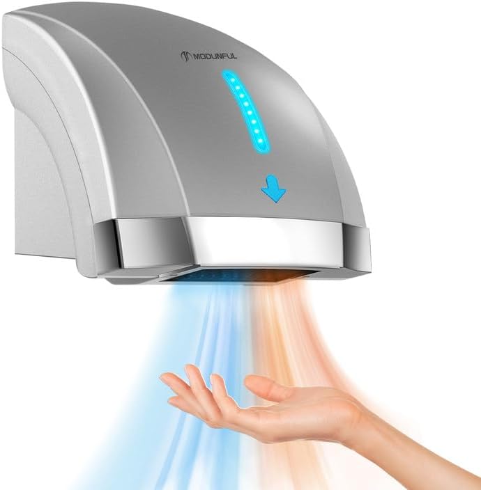 modunful Hand Dryers for Bathrooms Commercial, Electric Hand Dryer Touchless, Extra Quiet Low Noise(40db), Wall Mounted Type(1600W) (Silver) - Image 1