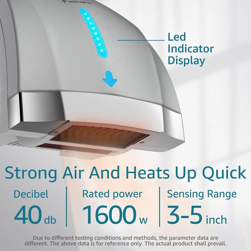 modunful Hand Dryers for Bathrooms Commercial, Electric Hand Dryer Touchless, Extra Quiet Low Noise(40db), Wall Mounted Type(1600W) (Silver) - Image 2