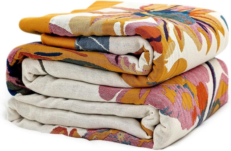 LUTBM King Throw Blanket for Bed 100% Cotton Boho Ultra Soft Rustic Quilt Butterfly and Floral Double Embroidery Fall King Bed Blanket,90"×108" All Season Blankets for Bedding Couch - Image 1