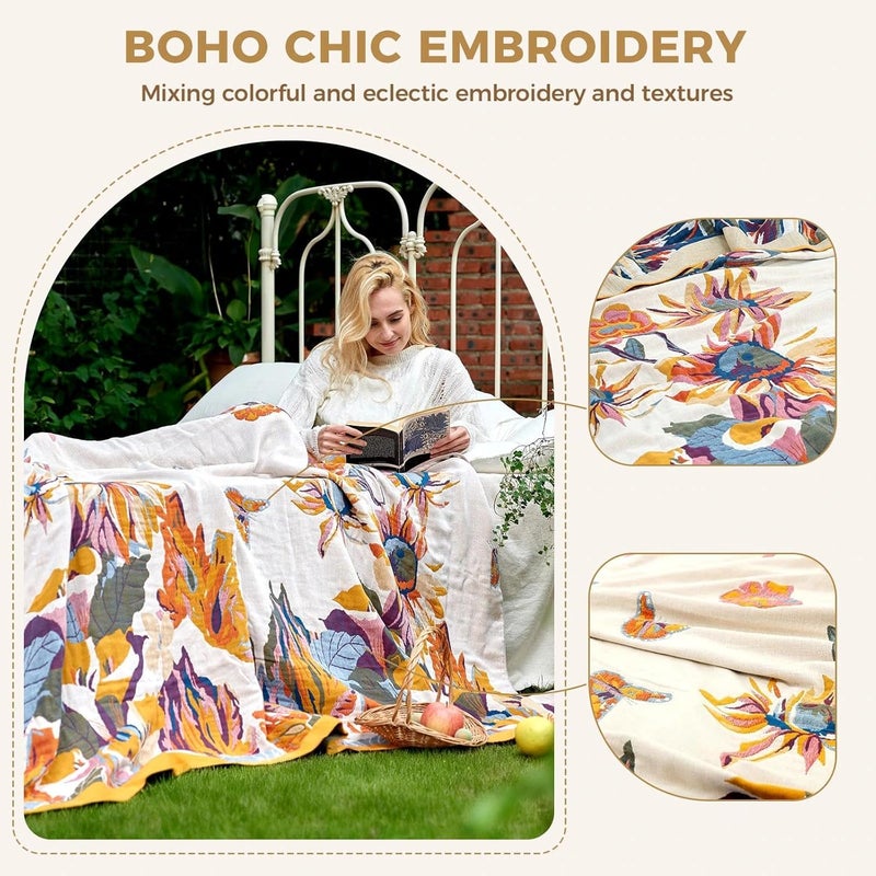 LUTBM King Throw Blanket for Bed 100% Cotton Boho Ultra Soft Rustic Quilt Butterfly and Floral Double Embroidery Fall King Bed Blanket,90"×108" All Season Blankets for Bedding Couch - Image 3