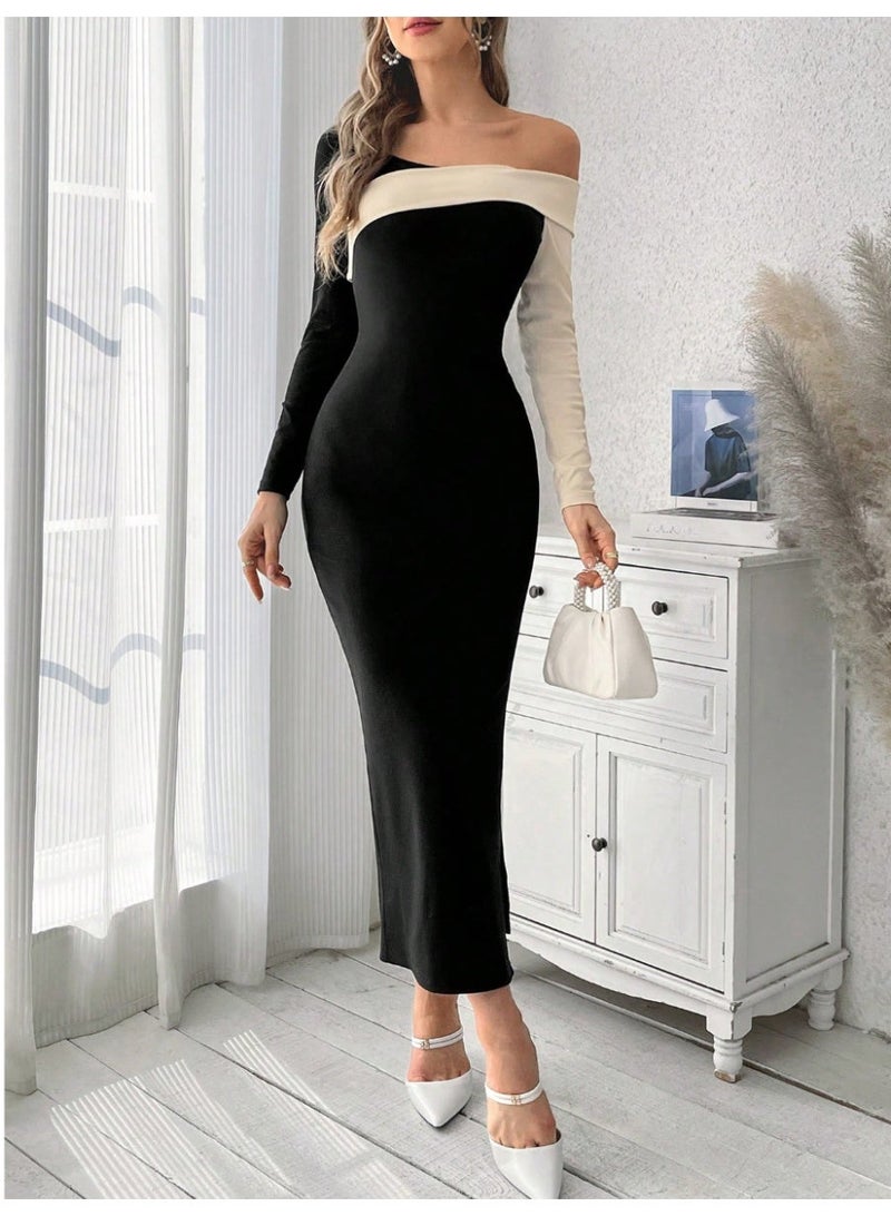 SHEIN Women's Off Shoulder Color Block Date Night Bodycon Dress - Image 1