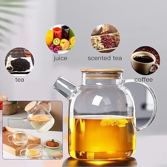 BLISS START Glass Water jug with Air Tight Bamboo lid for Juice Water iced Tea Pitcher Tea Carafe hot Glass Pitcher and Sun Tea jar Drinking Beverage Pitcher with Cap 1800ml Transparent Pack of 1 - Image 3