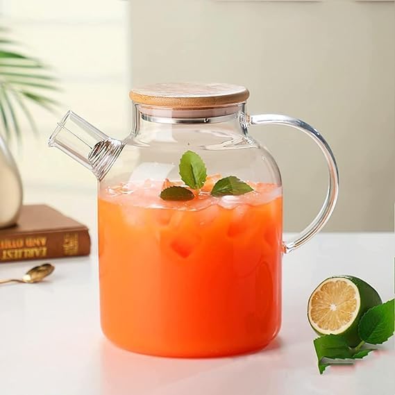 BLISS START Glass Water jug with Air Tight Bamboo lid for Juice Water iced Tea Pitcher Tea Carafe hot Glass Pitcher and Sun Tea jar Drinking Beverage Pitcher with Cap 1800ml Transparent Pack of 1 - Image 1