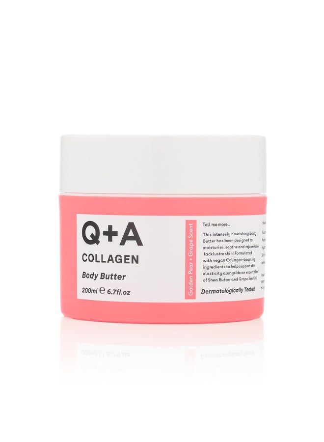Q+A Collagen Body Butter: Luxuriously Rich, Intensely Moisturising Vegan Formula with Hydrolysed Vegetable Protein, Shea Butter, Squalane, and Golden Pear and Grape Scent for Soft, Supple Skin, 200ml - Image 1