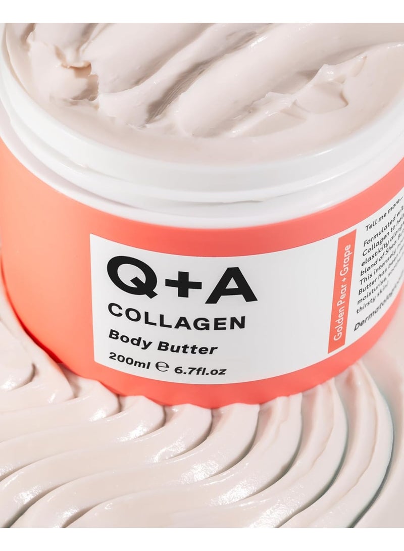 Q+A Collagen Body Butter: Luxuriously Rich, Intensely Moisturising Vegan Formula with Hydrolysed Vegetable Protein, Shea Butter, Squalane, and Golden Pear and Grape Scent for Soft, Supple Skin, 200ml - Image 3