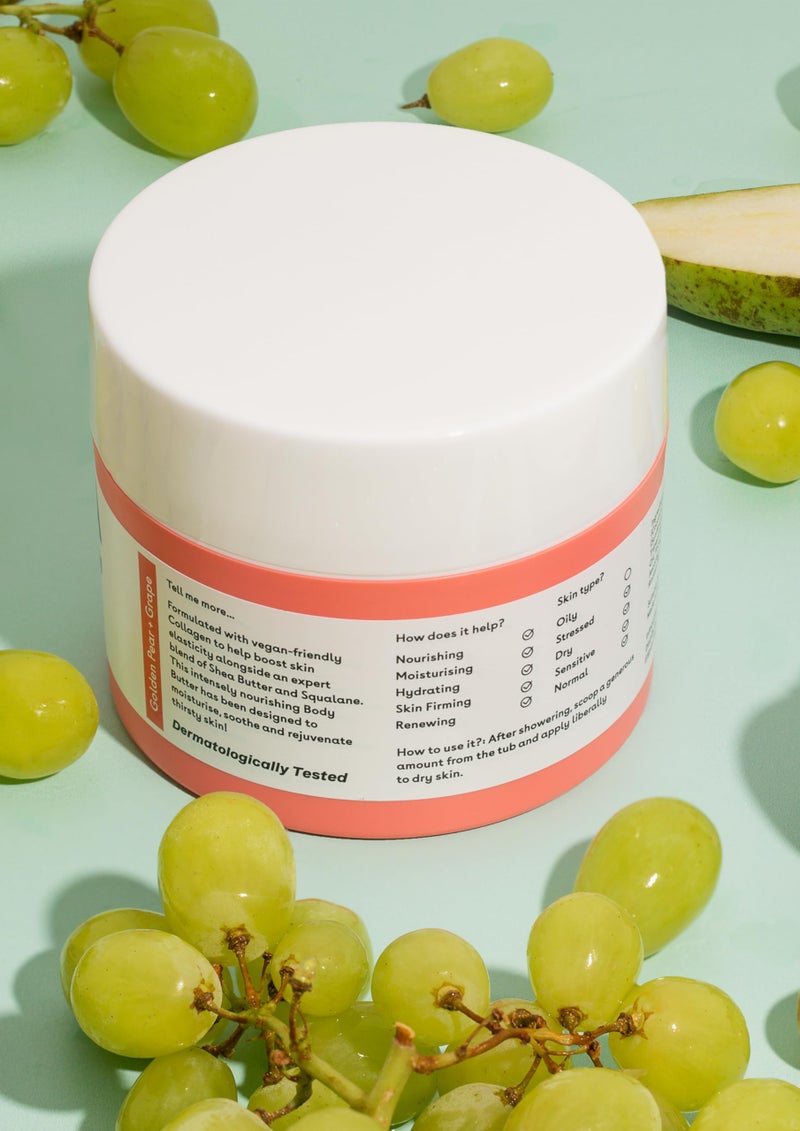 Q+A Collagen Body Butter: Luxuriously Rich, Intensely Moisturising Vegan Formula with Hydrolysed Vegetable Protein, Shea Butter, Squalane, and Golden Pear and Grape Scent for Soft, Supple Skin, 200ml - Image 4