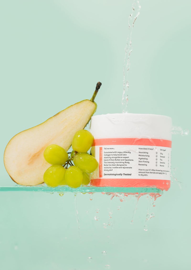 Q+A Collagen Body Butter: Luxuriously Rich, Intensely Moisturising Vegan Formula with Hydrolysed Vegetable Protein, Shea Butter, Squalane, and Golden Pear and Grape Scent for Soft, Supple Skin, 200ml - Image 5