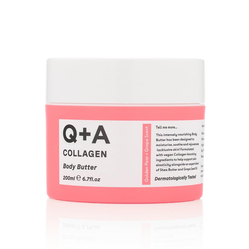 Q+A Collagen Body Butter: Luxuriously Rich, Intensely Moisturising Vegan Formula with Hydrolysed Vegetable Protein, Shea Butter, Squalane, and Golden Pear and Grape Scent for Soft, Supple Skin, 200ml - Image 1