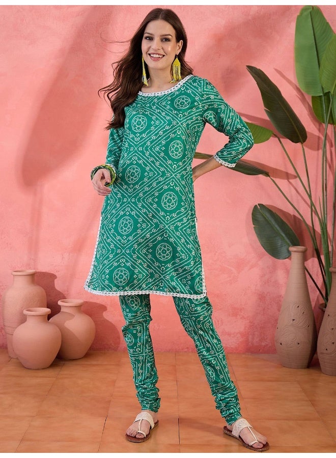 AKS Sea Green Bandhani Printed Silk Kurta Chudidaar Set - Image 5
