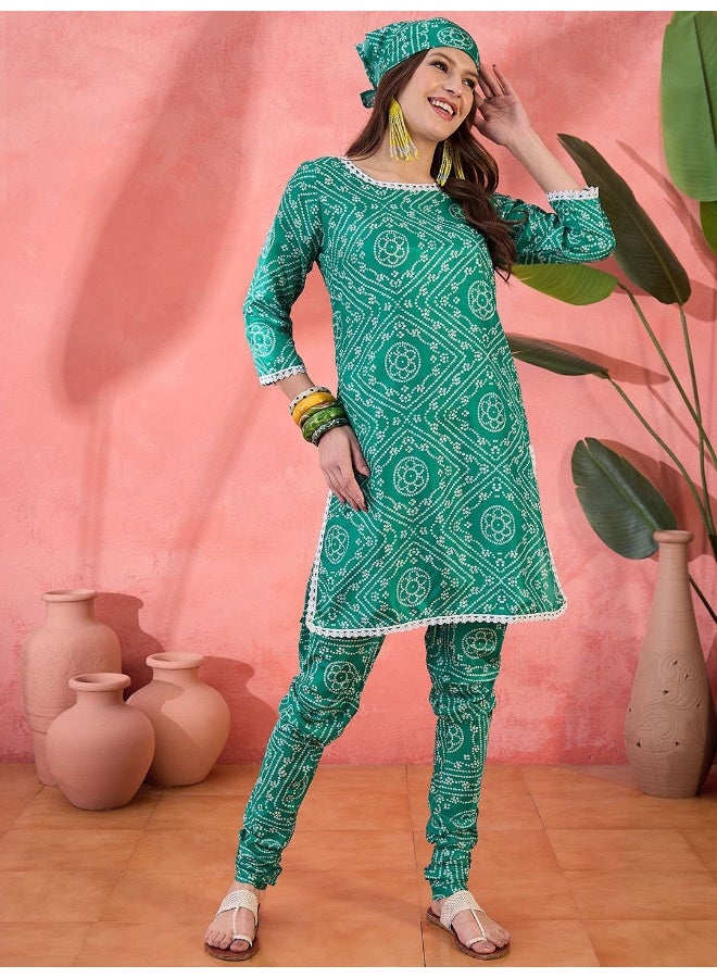 AKS Sea Green Bandhani Printed Silk Kurta Chudidaar Set - Image 4