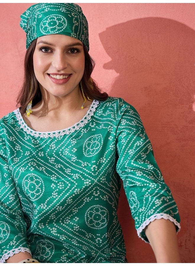 AKS Sea Green Bandhani Printed Silk Kurta Chudidaar Set - Image 2