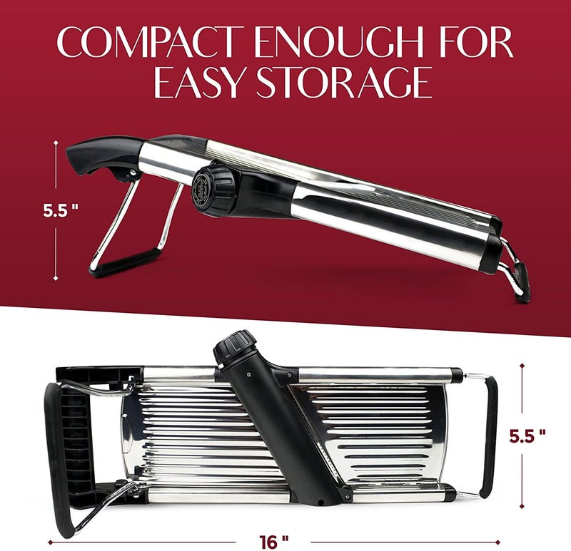 Gramercy Kitchen Company آلة تقطيع الطعام القابلة للتعديل من غرامرسي، آلة تقطيع للمطبخ، مانولين، تقطيع البطاطس، الطماطم، الجزر، الخضار، الفاكهة والبصل - من الفولاذ المقاوم للصدأ - تشمل 1 زوج من القفازات المقاومة للقطع - Image 5