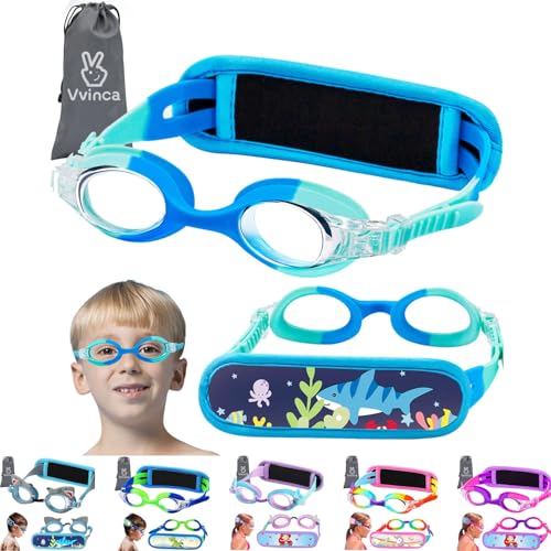 Vvinca Kids Swim Goggles for Age 3-6, Toddler Swimming Goggles with Fabric Strap Cover No Hair Pulling Pain-Free, Anti-Fog No Leak Water Pool Glasses for Boys Youth Little Swimmer Light Green