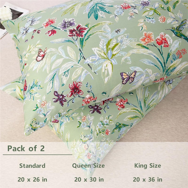 URBONUR 100% Cotton Pillowcases Set of 2 Standard Size Floral Printed Butterfly Pillow Cases Soft Breathable Cooling Pillowcase Decorative Pillow Cover (Standard, 20x26 Inches, Green Flowers) - Image 3
