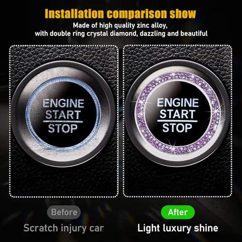Kewucn Bling Crystal Double Rhinestone Car Engine Start Decoration Ring, Sparkling Push Start Button Sticker, Key Ignition & Knob Ring Decoration, Bling Car Interior Accessory(Purple) - Image 3