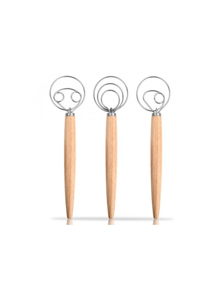 3-Piece Danish Dough Whisk Set – Stainless Steel Bread Mixer with Wooden Handle  for Baking Bread, Pastry and Cake - Image 1