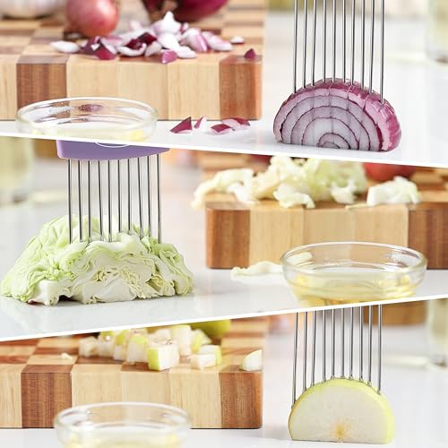 JJOO 2PCS Onion Slicer Holder, JJOO Stainless Steel Onion Cutter for Slicing and Storage Onions, Tomato, Eggs and Vegetables, Protective Cover Included, Dishwasher Safe (Stylish orange+ Purple Color) - Image 3