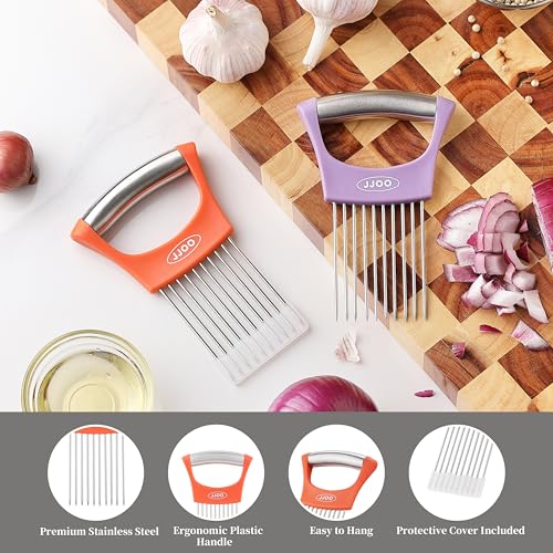 JJOO 2PCS Onion Slicer Holder, JJOO Stainless Steel Onion Cutter for Slicing and Storage Onions, Tomato, Eggs and Vegetables, Protective Cover Included, Dishwasher Safe (Stylish orange+ Purple Color) - Image 5