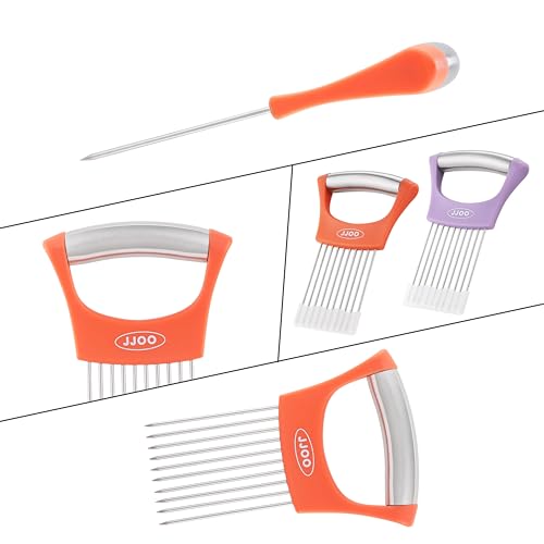JJOO 2PCS Onion Slicer Holder, JJOO Stainless Steel Onion Cutter for Slicing and Storage Onions, Tomato, Eggs and Vegetables, Protective Cover Included, Dishwasher Safe (Stylish orange+ Purple Color) - Image 4